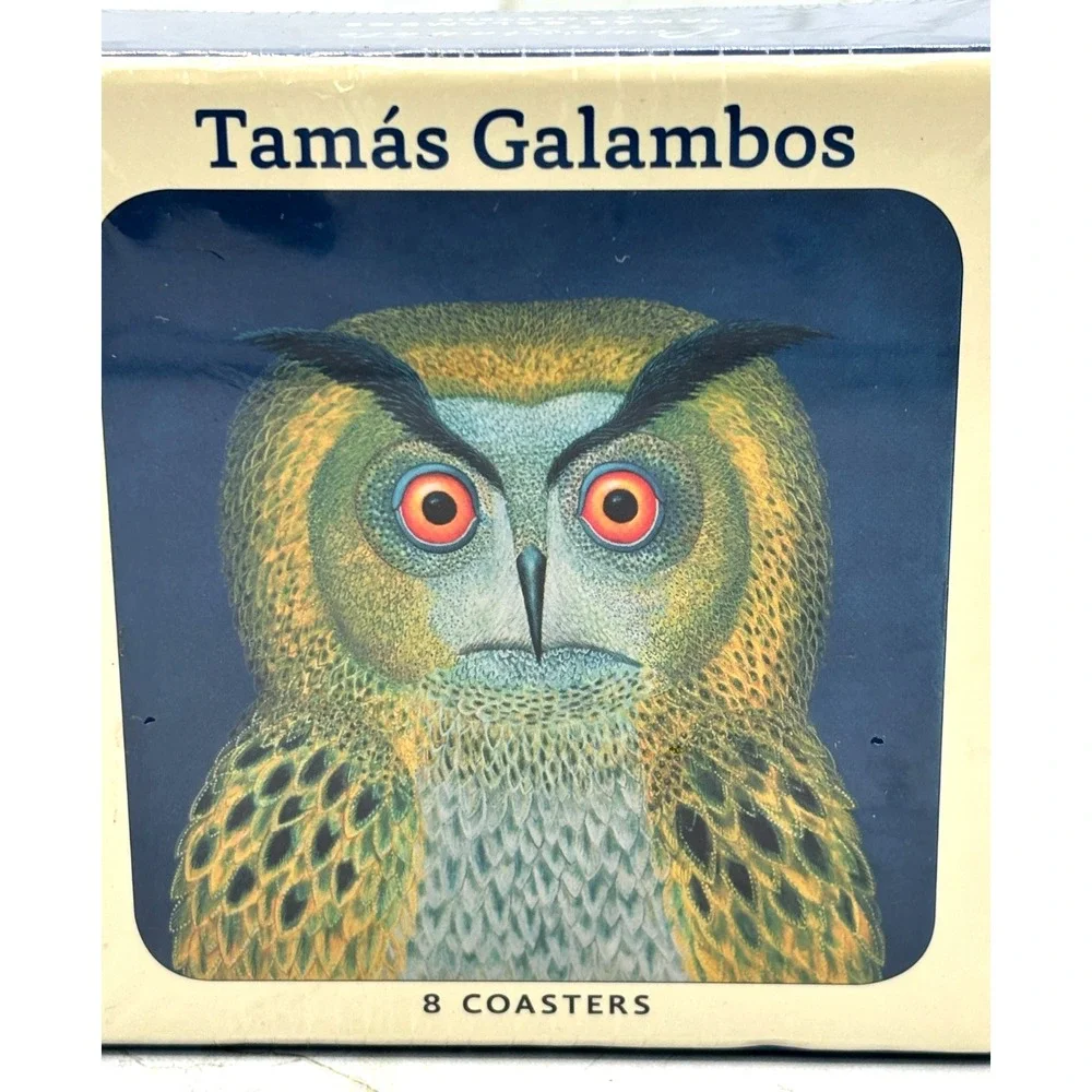 Tamás‎ Galambos Owl Cork-Backed Laminated Coasters Pomegranate New Sealed Qty 8